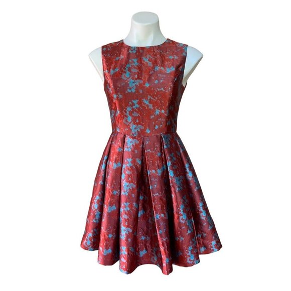 BB Dakota Cocktail Dress Box Pleated Red Brocade Abstract Fit+Flare Size 2 - Picture 2 of 14